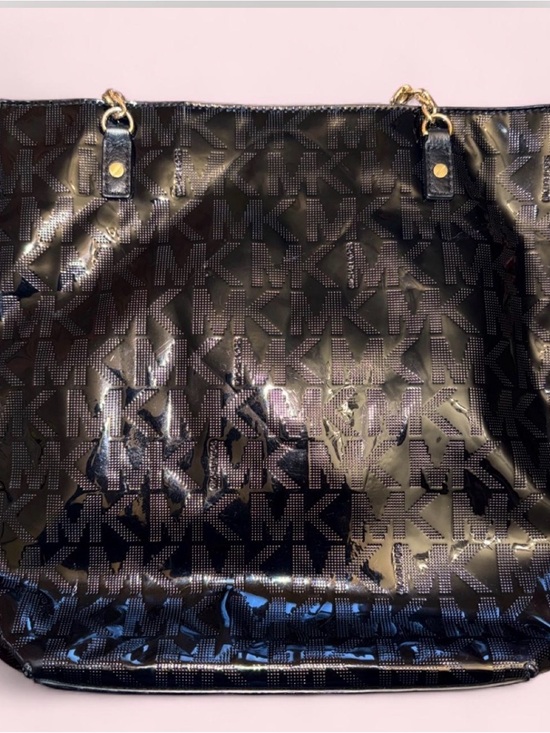Michael Kors Handbags - Michael Kors Black Patent MK Logo Tote with Gold Chain Accents